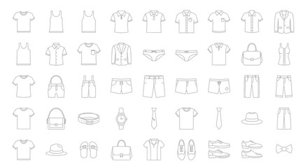 Obraz premium Minimalist flat vector illustration set of clothing and fashion icons arranged in a clean grid layout.