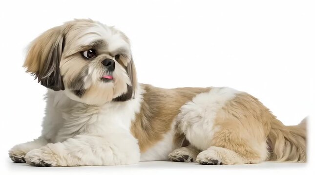 Shih Tzu dog is doing his leisurely activities, against a white background