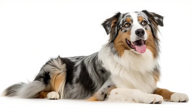 Australian Shepherd dog is doing his leisurely activities, against a white background