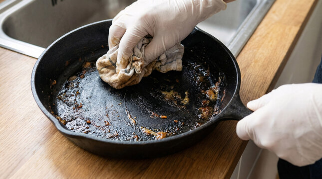 Person Wearing White Protective Gloves Vigorously Scrubbing A Very Dirty, Greasy Cast Iron Skillet With A Soiled Cleaning Cloth On A Wooden Kitchen Countertop