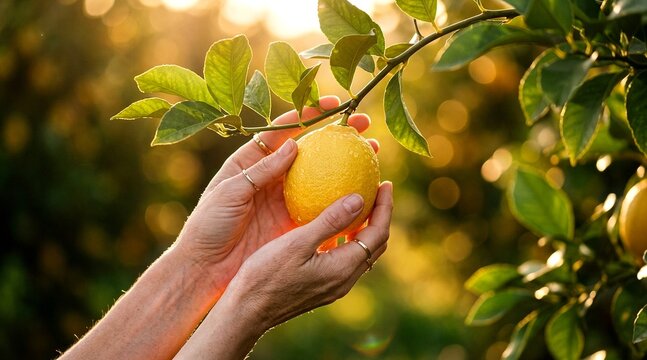 Hand picking ripe lemon from tree branch in sunny orchard  