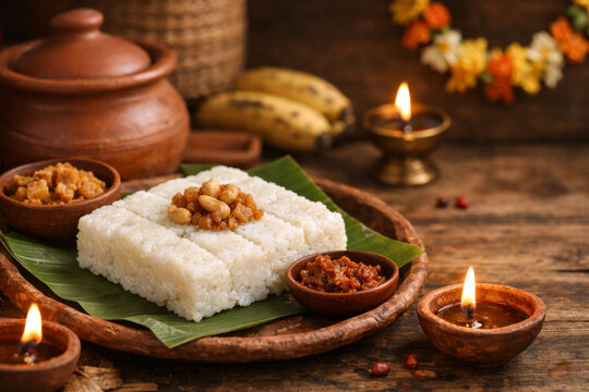 Kiribath milk rice with lunu miris for Sinhala and Tamil New Year festival in Sri Lanka with copy space.