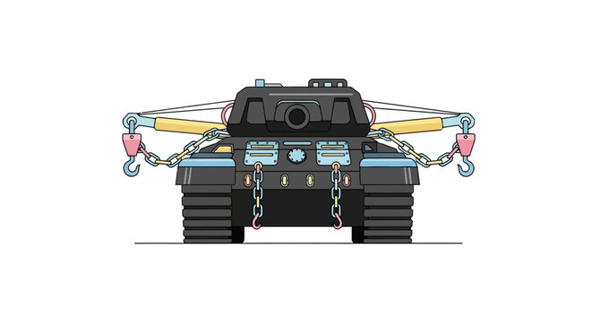 A cartoon tank in front view with chains and hooks, tow-like features