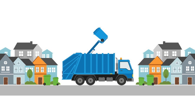 Cartoon image of a garbage truck collecting trash from bins in a suburban neighborhood