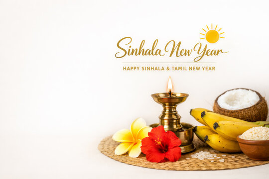 Greeting with oil lamp, tropical flowers and fruits. Sri Lankan holiday banner. Sinhala and Tamil New Year.