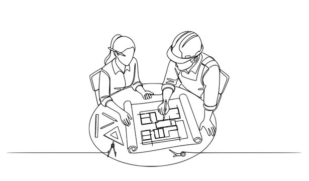 Two construction workers reviewing a building plan in a minimalist line art style