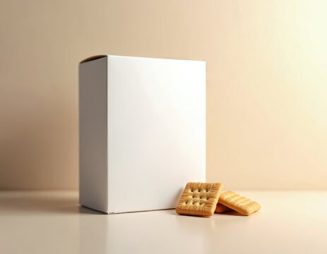 White cardboard box mockup for snacks next to crackers. Clean design template for product packaging. Simple studio shot for branding and graphic design.
