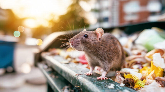 Rat on a trash bin, looking for organic waste. Concepts of urban pests, sanitation, and disease in a city setting