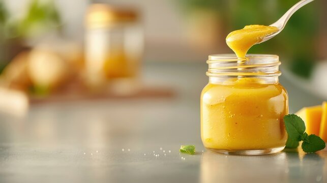 Close-up of a spoon scooping creamy potato jam from a glass jar, with visible potato chunks and a hint of garlic.