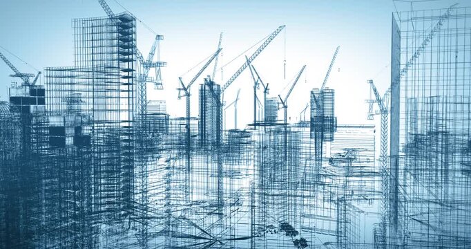 Construction Site Wireframe With Tower Cranes and Urban Building Blueprint Architecture Concept for Development