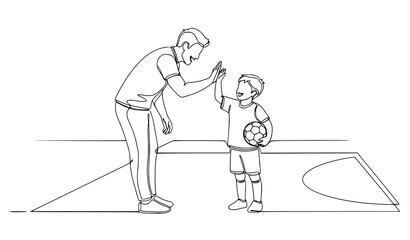 A vector graphic illustration of a man and a boy high-fiving on a soccer field © MdMursalin
