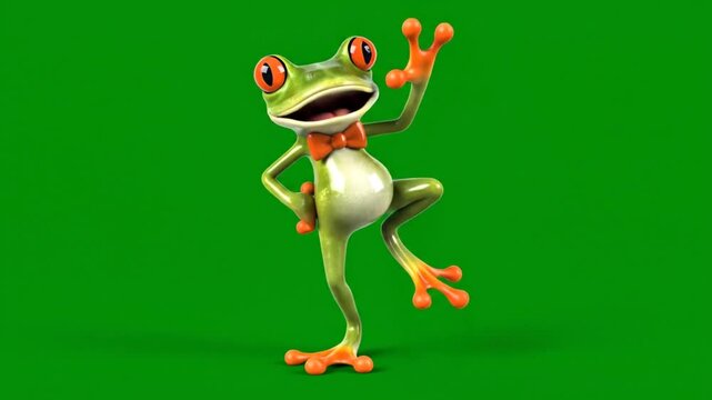 Cute cartoon frog dancing merrily on green screen background, animated character with big eyes and bow tie, perfect for children content and playful projects, high quality footage