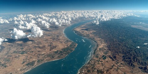 Naklejka premium Aerial view showcases a meandering river carving through a vast, arid landscape under a sky adorned with fluffy clouds