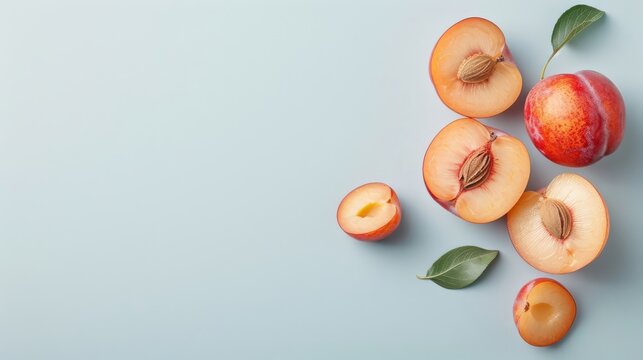 Sliced plum with juicy red or yellow flesh and pit on a clean white plate, showcasing its fresh interior.