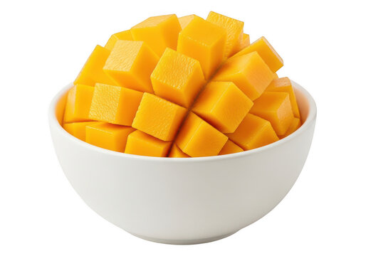 Freshly sliced mango pieces in a white bowl