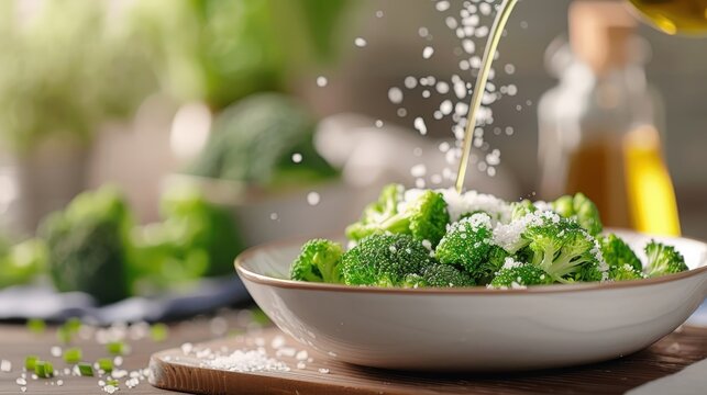 Steamed broccoli served on a plate with a sprinkle of sea salt and a drizzle of olive oil, ready to be enjoyed.