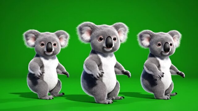 Three cute koala bears dancing happily together on a vibrant green screen background with playful movements and synchronized choreography footage
