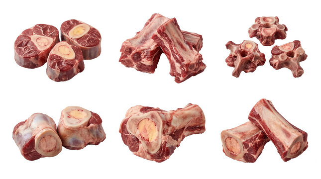 Raw beef bone cuts arranged on white background