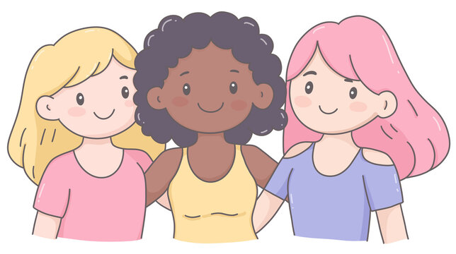 Diverse Girls Friends Standing Together Cartoon Illustration