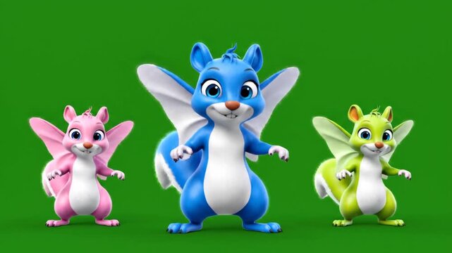 Three cute cartoon squirrels dancing and posing against a vibrant green screen background for creative visual effects and animation projects