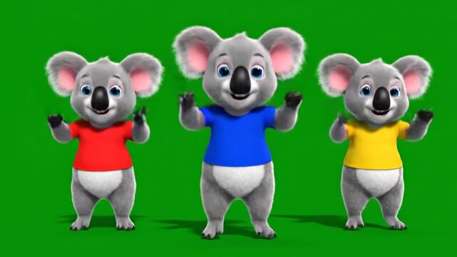 Three happy cartoon koalas dancing and waving with arms outstretched against a green screen background, perfect for animation and children's content