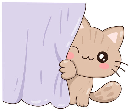 Cute Cat Peeking Behind Curtain Cartoon Animal Sticker