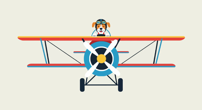 A cartoon biplane with a dog pilot wearing aviator goggles. Colorful and cute design