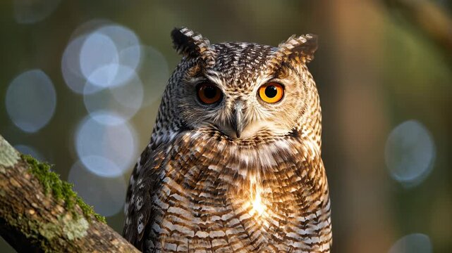 Owl perched on a branch with striking orange eyes and intricate feather patterns, surrounded by soft bokeh lights in a natural forest setting