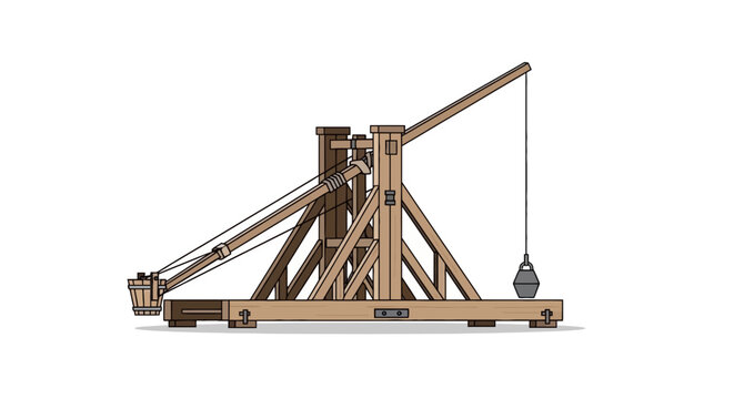 Illustration of a medieval trebuchet, a siege weapon, with a bucket and counterweight