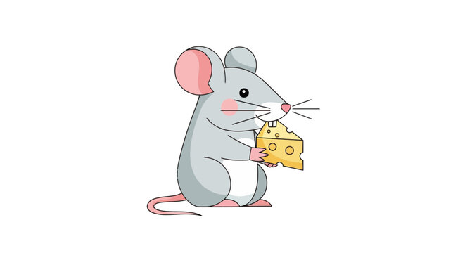 A cartoon mouse stands upright, holding and nibbling a wedge of cheese against a white backdrop
