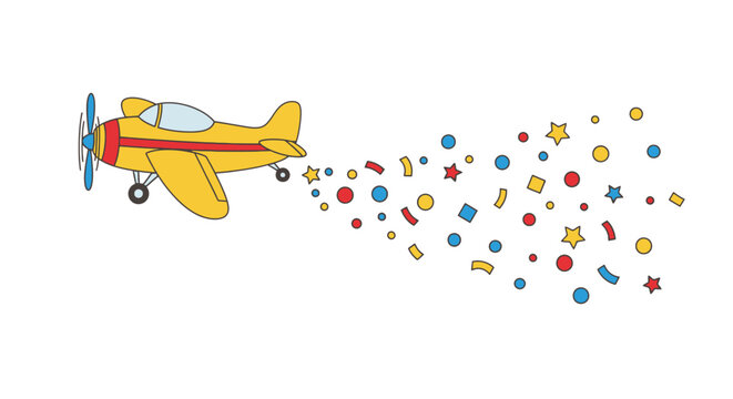 Cartoon yellow plane with propeller leaving a trail of colorful confetti