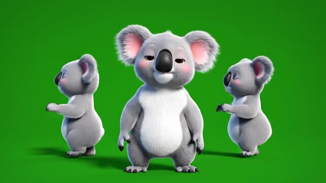 Three adorable cartoon koalas dance joyfully with open arms and happy smiles on a vibrant green screen background, illustrating animation and playful movement.