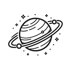 Cosmic planetary ring system with stars, simple line art illustration of a celestial body in space, science and exploration © GFXShani