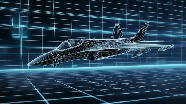 Futuristic wireframe jet fighter soaring through neon cityscape in dynamic sci fi video animation