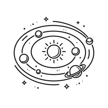 A simple line art representation of our solar system with the sun at the center and planets orbiting