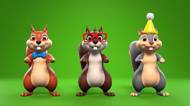 Three animated cartoon squirrels dancing and celebrating on green screen background, fun dynamic motion clip with playful characters