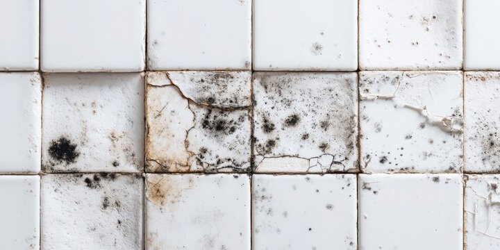 Dirty white tiled wall with mold and grime in bathroom setting. Dark fungus growth.    