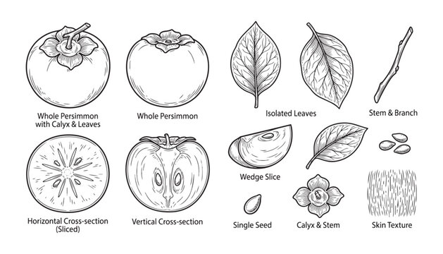 Persimmon fruit illustration various views whole sliced leaves branch texture