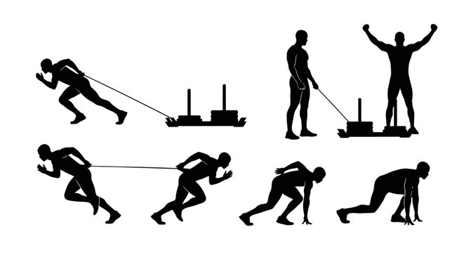 Athlete training with sled push and pull, running start, silhouette