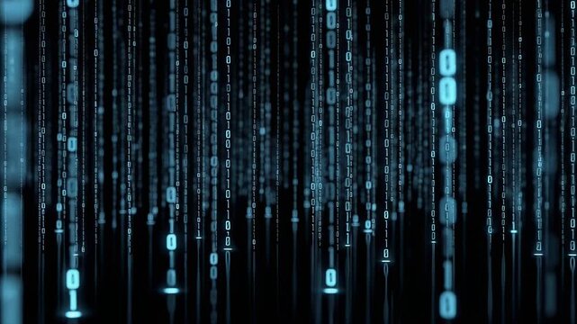 Firefly glowing in digital rain of binary code mesmerizing futuristic technology animation