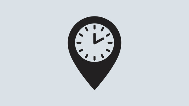 A black and white icon of a clock inside a location pin on a gray background