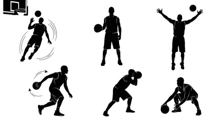 Fototapeta premium Basketball Player Silhouette Set: Dribbling, Shooting, Jumping