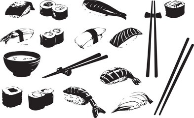 Various sushi and sashimi silhouettes with chopsticks and bowl © Annamorphosis