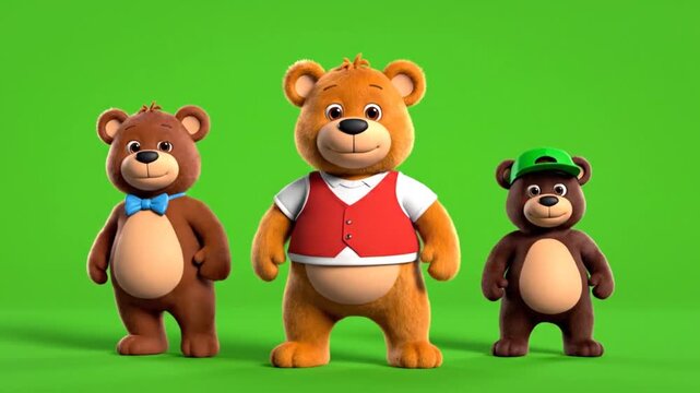 Three happy animated bears dancing and moving on green screen background, joyful cartoon characters with cheerful expressions and playful gestures in dynamic motion footage
