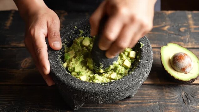 A man mashes an avocado while making guacamole.