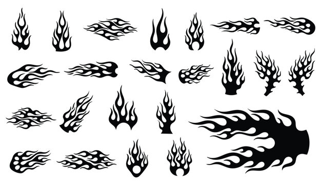 Flame decal. Fire abstract black silhouette flames for race car or tattoo. Tribal flame hotrod car vinyl decals and motorcycle airbrush stencil. Burning element vector 
