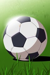 Obraz premium Classic black-and-white soccer ball on green grass at a sunlit football pitch