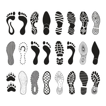 Vector Collection of Human Footprints and Shoe Sole Tread Patterns Minimalist Black Silhouette Icons for Forensics, Hiking, and Footwear Design.