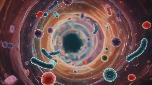 Firefly glowing in a cosmic tunnel with vibrant unseen microbes swirling in a colorful microscopic world