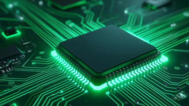 Glowing digital circuits illuminating a futuristic microchip in vibrant blue and orange hues